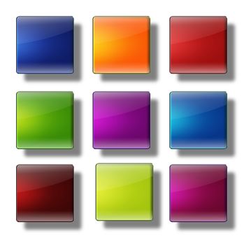 Set of web buttons made of glass, shiny, colorful, squares