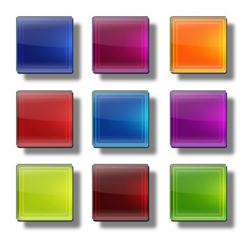 Set of web buttons made of glass, shiny, colorful, squares