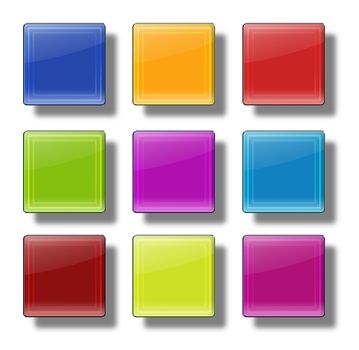 Set of web buttons made of glass, shiny, colorful, squares