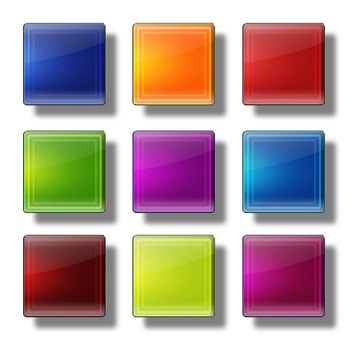 Set of web buttons made of glass, shiny, colorful, squares