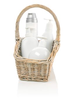 bottles in basket isolated