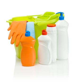 cleaning accessories with green bucket