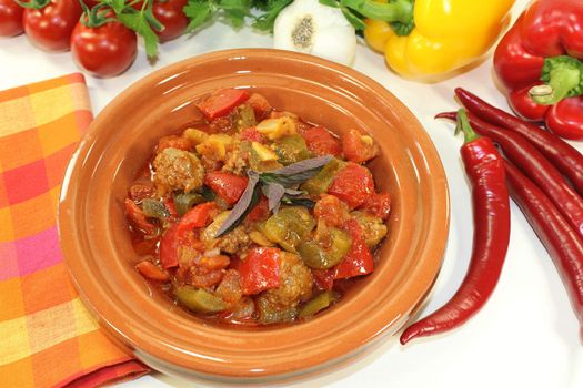 oriental vegetables pan with peppers, tomato and meatballs