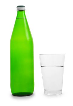 green bottle and glass of water