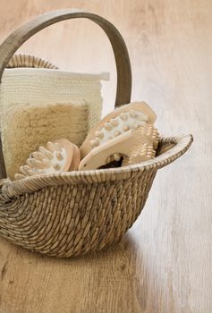 one basket on wooden background