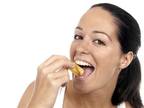 Young Woman Eating Chips. Model Released