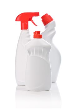 bottles for clean with red covers