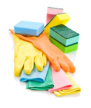 composition of colored rags, gloves and sponges