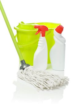 two bottles bucket and mop