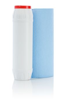 blue paper towel and white bottle