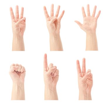 Counting man hands (0 to 5) isolated on white background