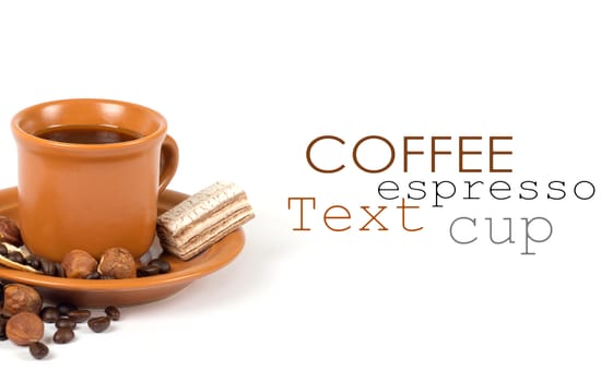 Cup of coffee with ingredients on a white background