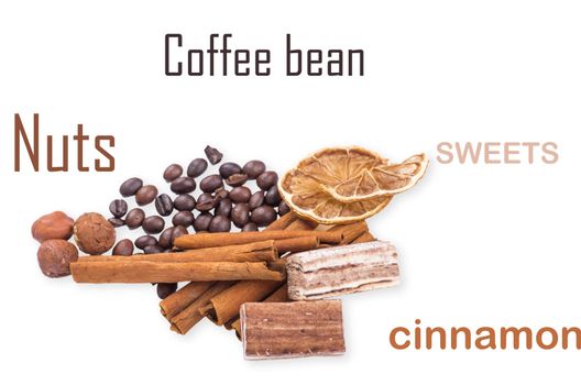 coffee beans, cinnamon and lemon isolated on white