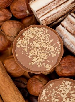 Closeup of coffee beans, cinnamon and nuts