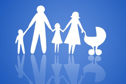 Closeup of paper family on blue background