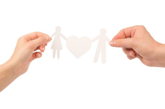 paper family in hands isolated on a white background