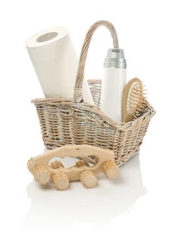 basket with objects and masseur