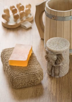 bath accessories on wooden background