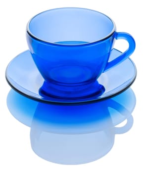 blue cup on the sauser isolated