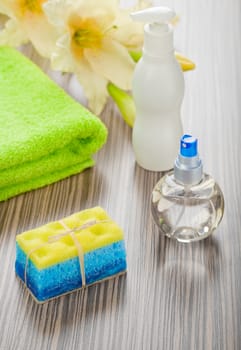 collection of bath articles with flower