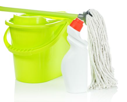 green bucket mop and bottle
