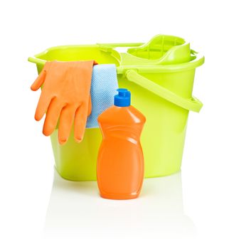 bucket with bottle glove and rug