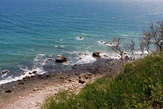 View of the Mohegan Bluffs section of Block Island located in the state of Rhode Island USA.