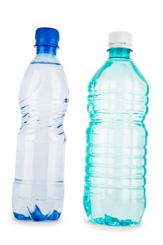 blue and turquiose bottle with water isolated on a white background