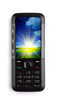 concept of mobile phone and lake on sunrise