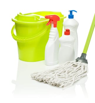 green mop and bucket with bottles