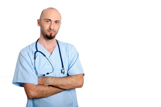 doctor with blue robe over white background smile 