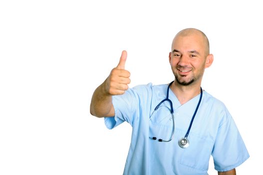 doctor with blue robe over white background smile and ok thumb