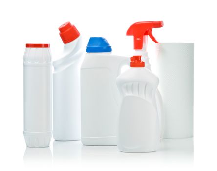 big composition of cleaning bottles