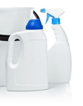 bottles on a background of white bucket