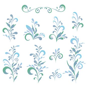 Set abstract floral patterns, green and blue silhouettes on white background.