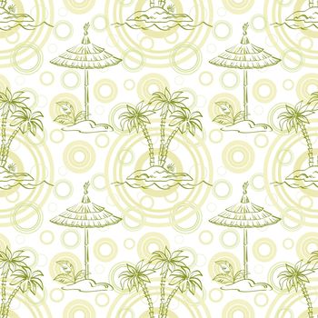 Seamless pattern. Sea island with palm trees and canopy, green contours.