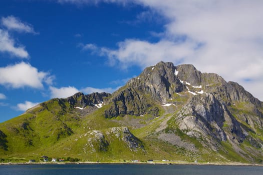 Picturesque rocky island on Lofoten in Norway during summer