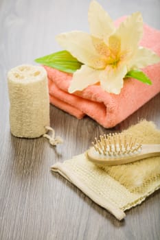 flower towel bast sponge and hairbrush