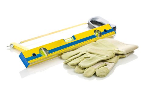 gloves, level and hacksaw