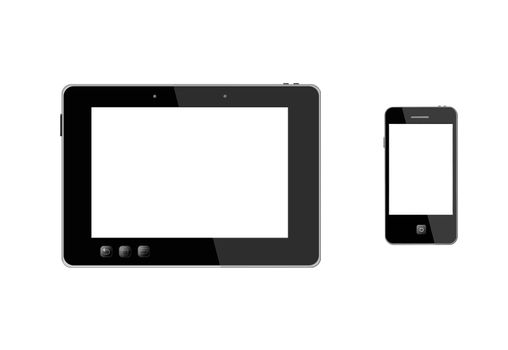 illustration of black tablet and modern mobile phone isolated on white background