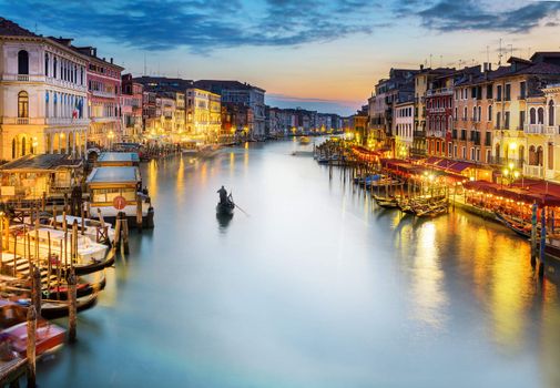 famous grand canale from Rialto Bridge at blue hour, Venice, Italy