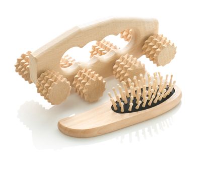 wooden massager with hairbrush