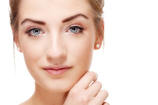 natural beautiful woman face closeup portrait isolated on white