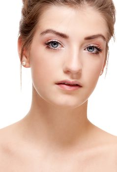 natural beautiful woman face closeup portrait isolated on white