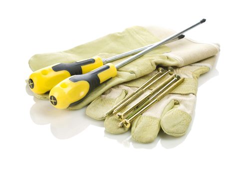 screwdriver and screws on gloves