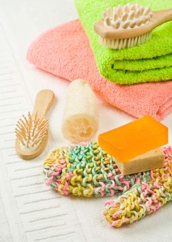 set of colored bath accesories