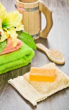 accessories for bathing on wooden background