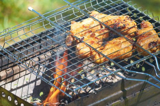 Preparation of a shish kebab on fire