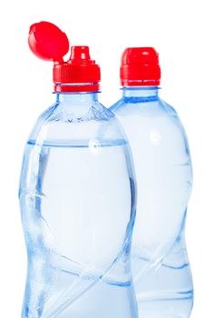 close up view on tops of bottles of water