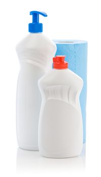 composition of white cleaners and blue towel